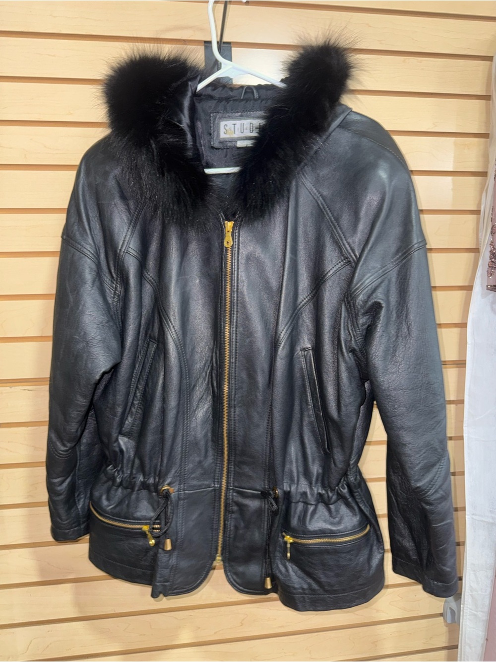 Studio Black Leather Jacket with Fur-Trim Hood
